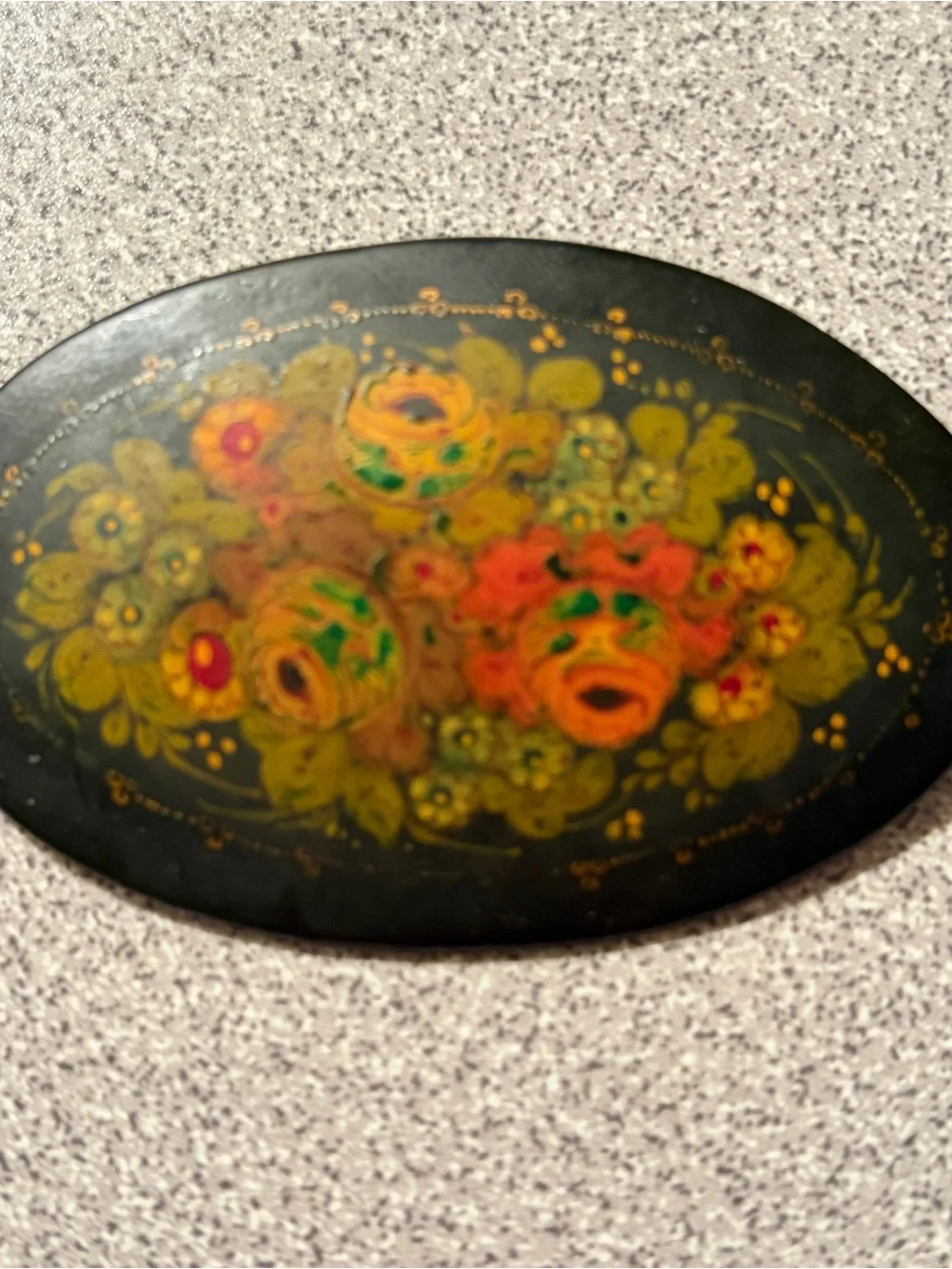 Vintage authentic Russian Floral Black Lacquer Brooch Pin Signed Hand Painted